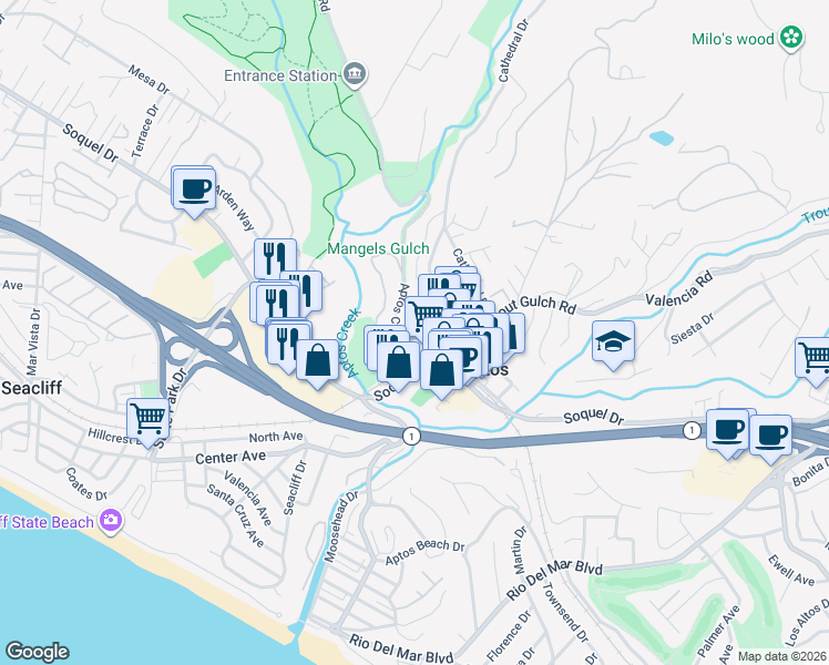 map of restaurants, bars, coffee shops, grocery stores, and more near 111 Aptos Village Way in Aptos