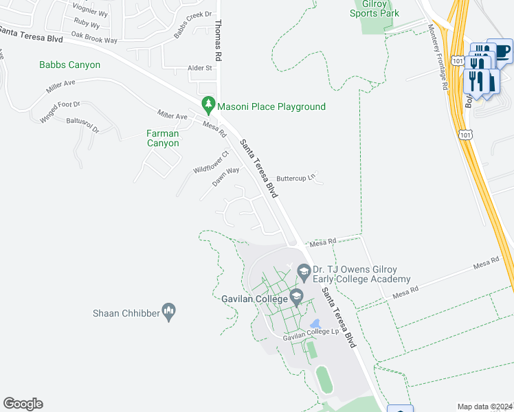 map of restaurants, bars, coffee shops, grocery stores, and more near 5480 Nicole Way in Gilroy