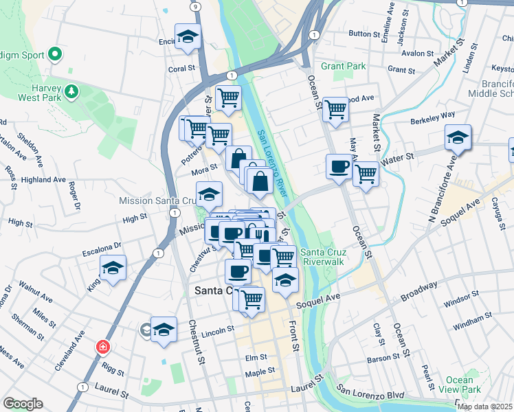 map of restaurants, bars, coffee shops, grocery stores, and more near 120 Bulkhead Street in Santa Cruz