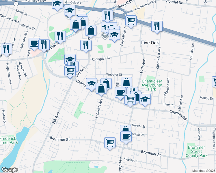 map of restaurants, bars, coffee shops, grocery stores, and more near 1756 Esperanza Court in Santa Cruz