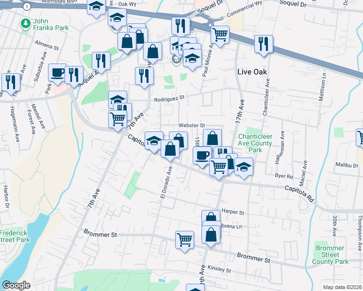 map of restaurants, bars, coffee shops, grocery stores, and more near 1920 Koopmans Avenue in Santa Cruz