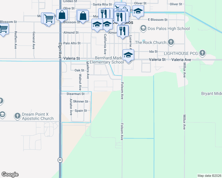 map of restaurants, bars, coffee shops, grocery stores, and more near 2075 McIntyre Street in Dos Palos