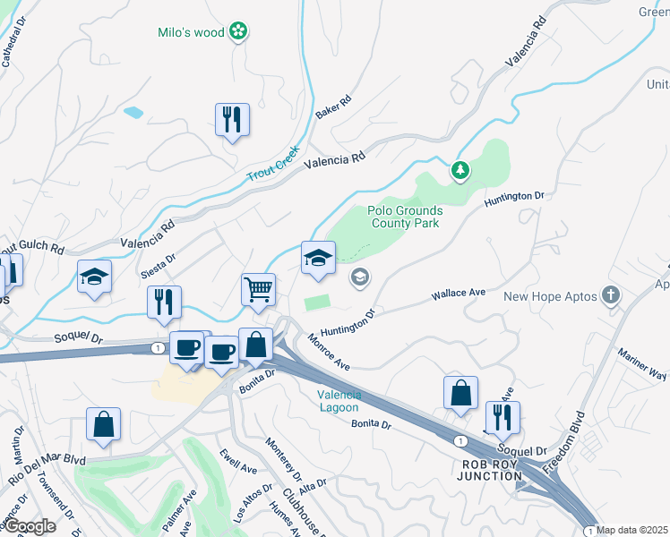map of restaurants, bars, coffee shops, grocery stores, and more near 3358 South Polo Drive in Aptos