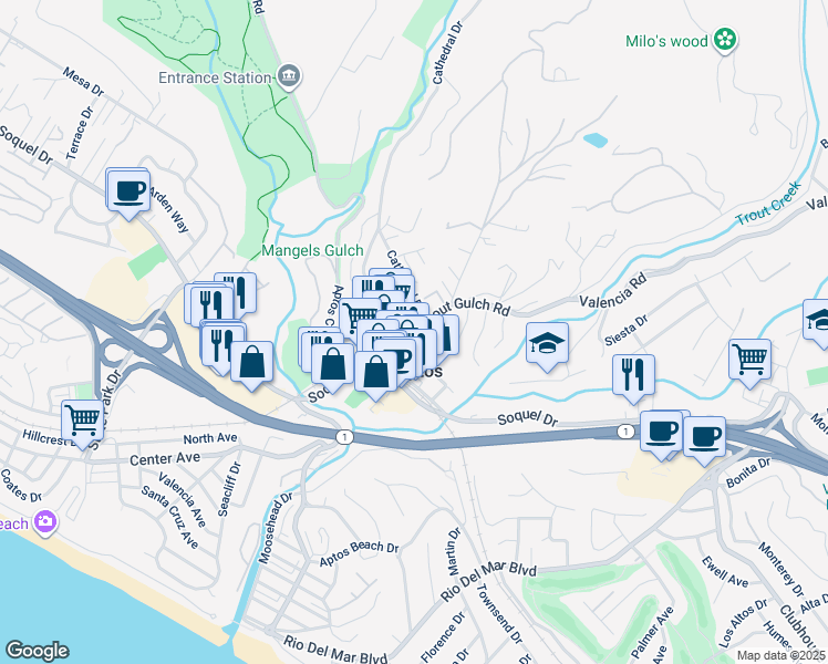 map of restaurants, bars, coffee shops, grocery stores, and more near 420a Trout Gulch Road in Aptos
