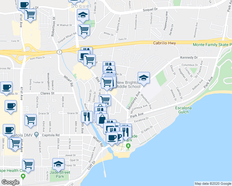 map of restaurants, bars, coffee shops, grocery stores, and more near 415 Rosedale Court in Capitola