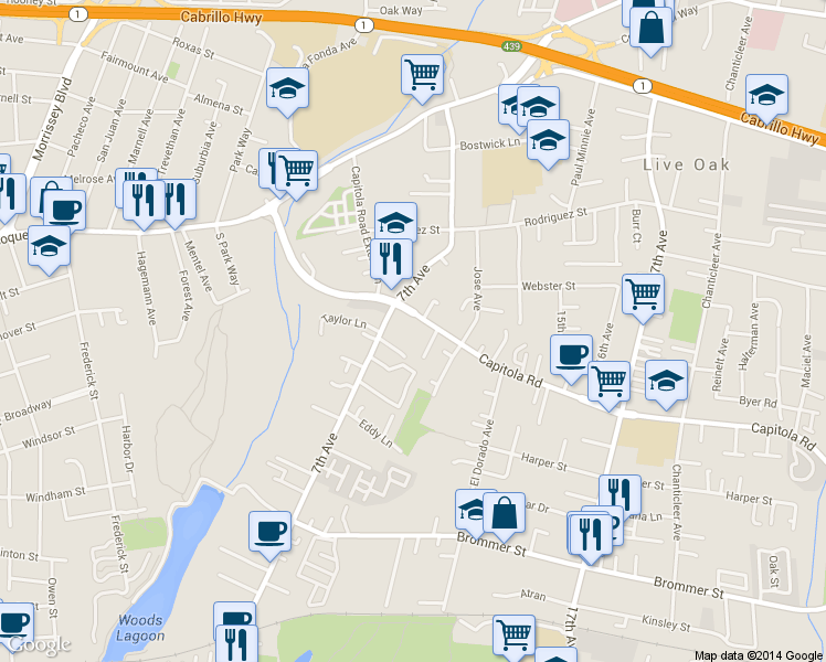 map of restaurants, bars, coffee shops, grocery stores, and more near 1641 Schooner Court in Santa Cruz