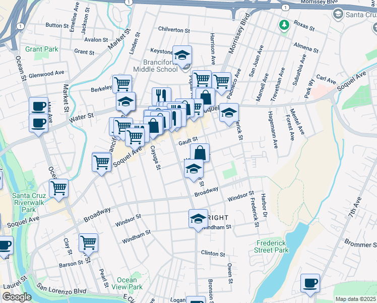map of restaurants, bars, coffee shops, grocery stores, and more near 1003 Sumner Street in Santa Cruz
