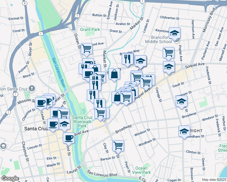 map of restaurants, bars, coffee shops, grocery stores, and more near 127 Minnie Street in Santa Cruz