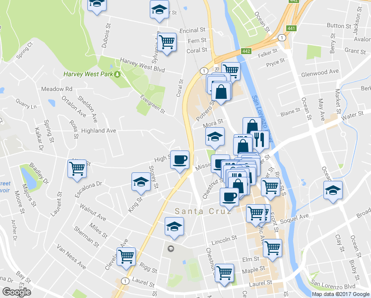 map of restaurants, bars, coffee shops, grocery stores, and more near 247 High Street in Santa Cruz