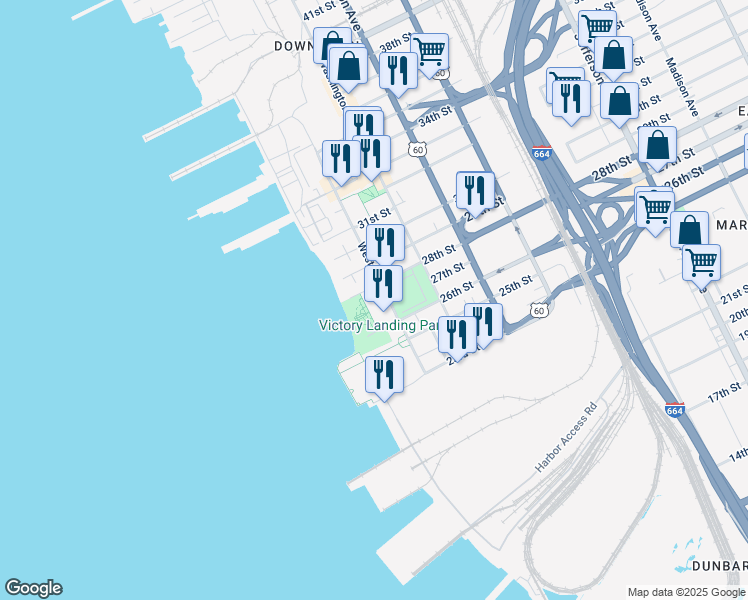 map of restaurants, bars, coffee shops, grocery stores, and more near 2601 West Avenue in Newport News