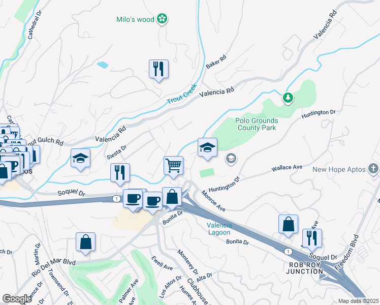 map of restaurants, bars, coffee shops, grocery stores, and more near 9013 Rhodes Avenue in Aptos