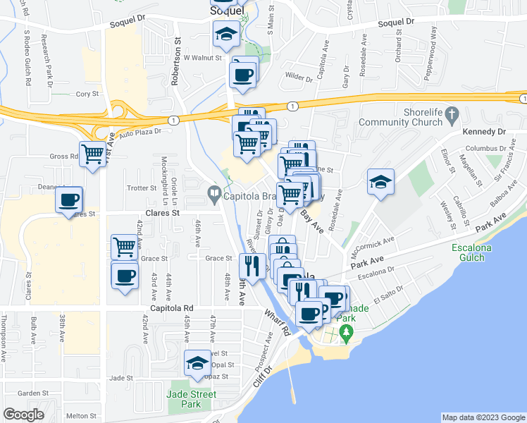 map of restaurants, bars, coffee shops, grocery stores, and more near 622 Sunset Drive in Capitola