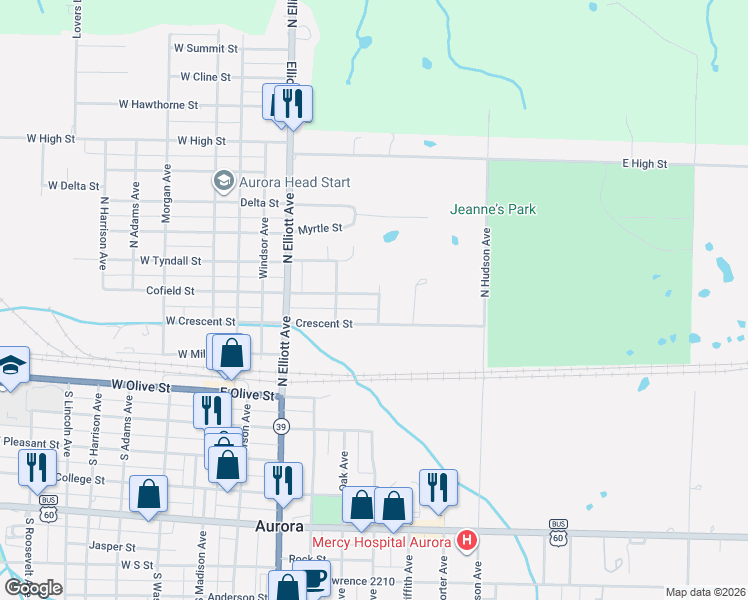 map of restaurants, bars, coffee shops, grocery stores, and more near 1104 South Madison Avenue in Aurora