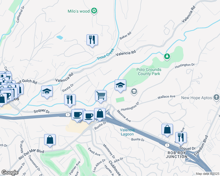 map of restaurants, bars, coffee shops, grocery stores, and more near 9013 Rhodes Avenue in Aptos