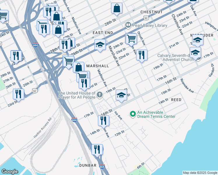 map of restaurants, bars, coffee shops, grocery stores, and more near 1908 Madison Avenue in Newport News