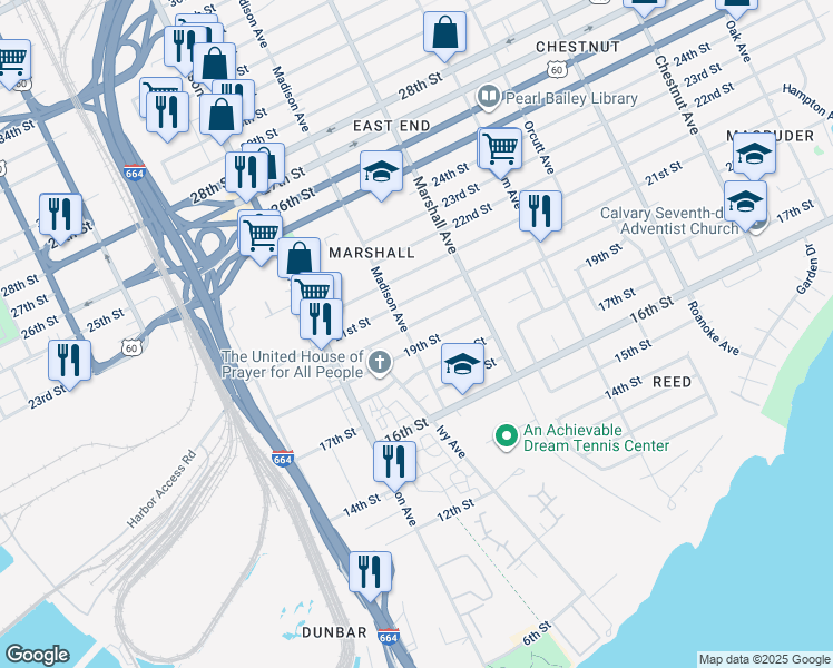 map of restaurants, bars, coffee shops, grocery stores, and more near 1908 Madison Avenue in Newport News