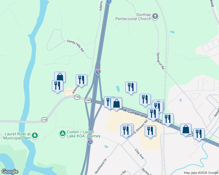 map of restaurants, bars, coffee shops, grocery stores, and more near Cumberland Gap Parkway in Corbin