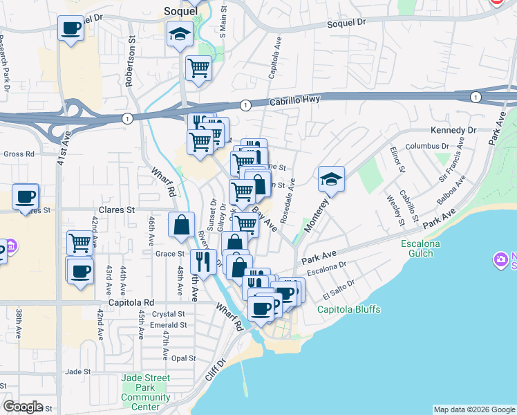 map of restaurants, bars, coffee shops, grocery stores, and more near 504 Bay Avenue in Capitola