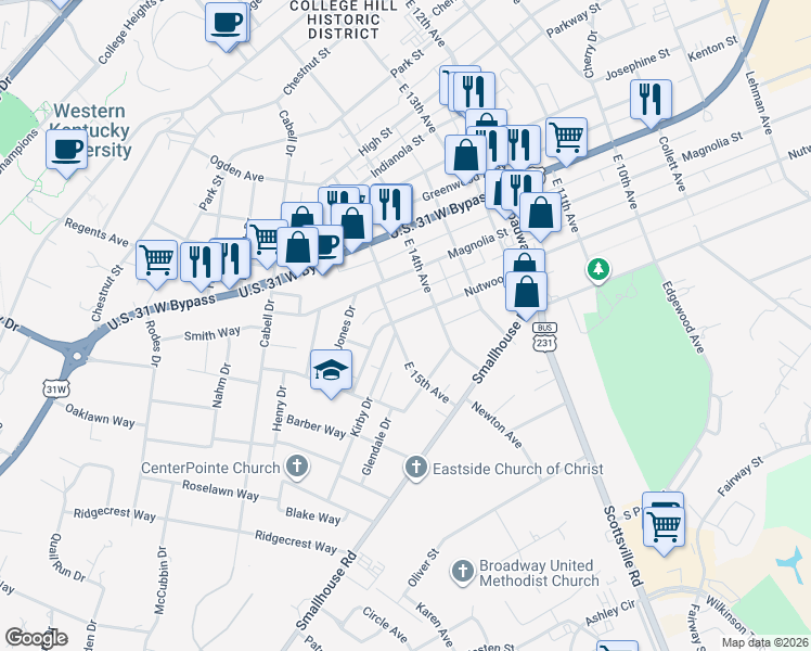 map of restaurants, bars, coffee shops, grocery stores, and more near 1206 East 15th Avenue in Bowling Green