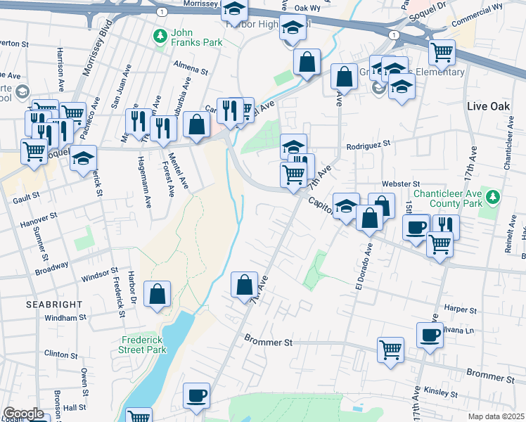 map of restaurants, bars, coffee shops, grocery stores, and more near 1601 Taylor Lane in Santa Cruz
