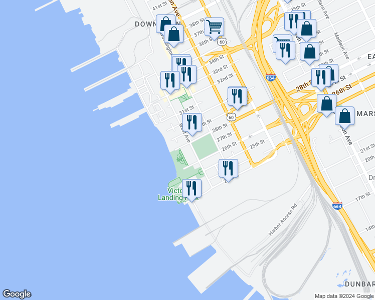 map of restaurants, bars, coffee shops, grocery stores, and more near 92 28th Street in Newport News