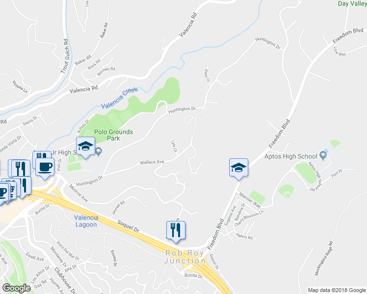 map of restaurants, bars, coffee shops, grocery stores, and more near 2225 Wallace Avenue in Aptos