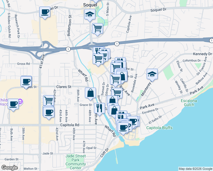 map of restaurants, bars, coffee shops, grocery stores, and more near 625 Gilroy Drive in Capitola