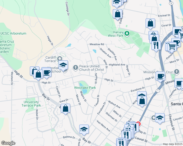 map of restaurants, bars, coffee shops, grocery stores, and more near 801 High Street in Santa Cruz