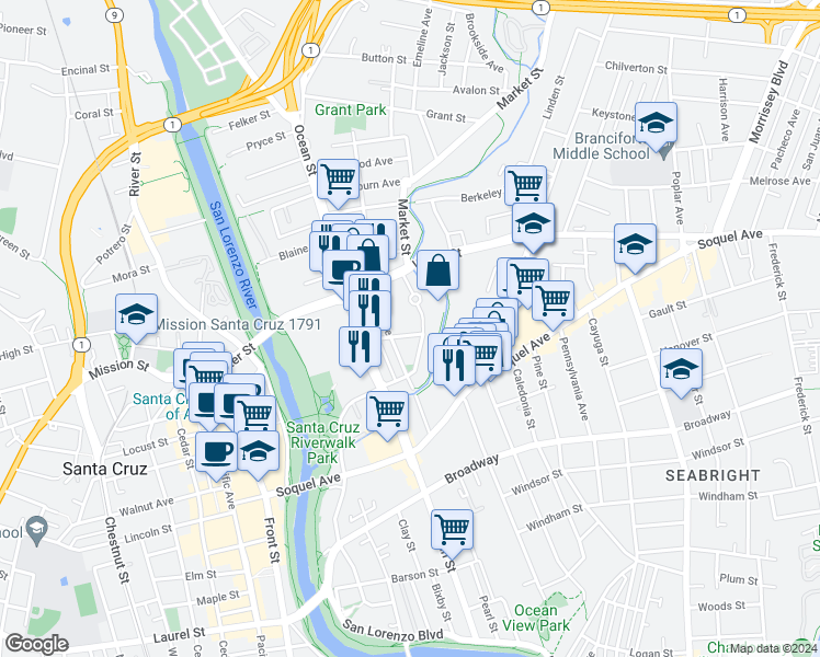 map of restaurants, bars, coffee shops, grocery stores, and more near 218 Leonard Street in Santa Cruz