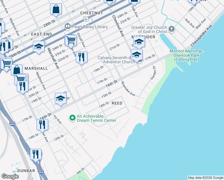 map of restaurants, bars, coffee shops, grocery stores, and more near 932 15th Street in Newport News