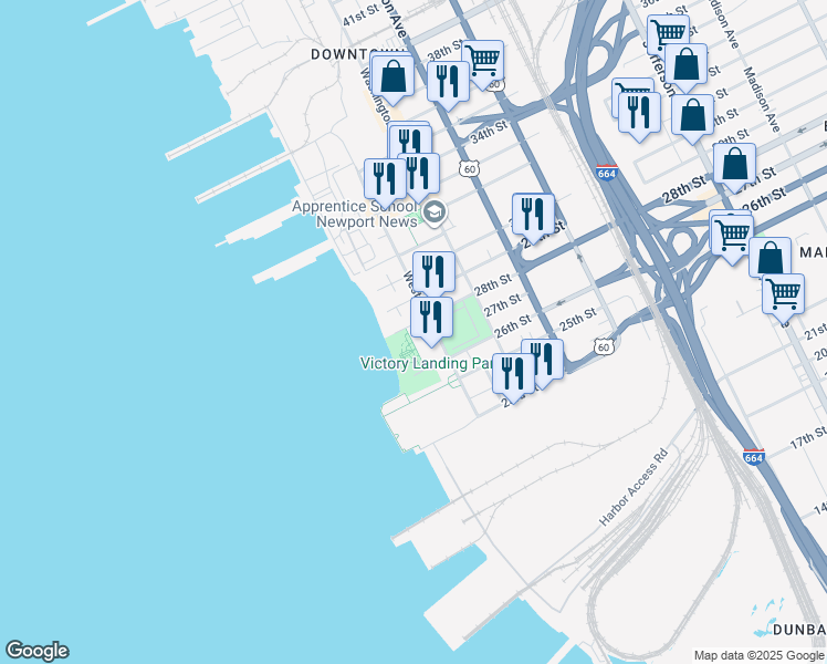 map of restaurants, bars, coffee shops, grocery stores, and more near 2601 West Avenue in Newport News
