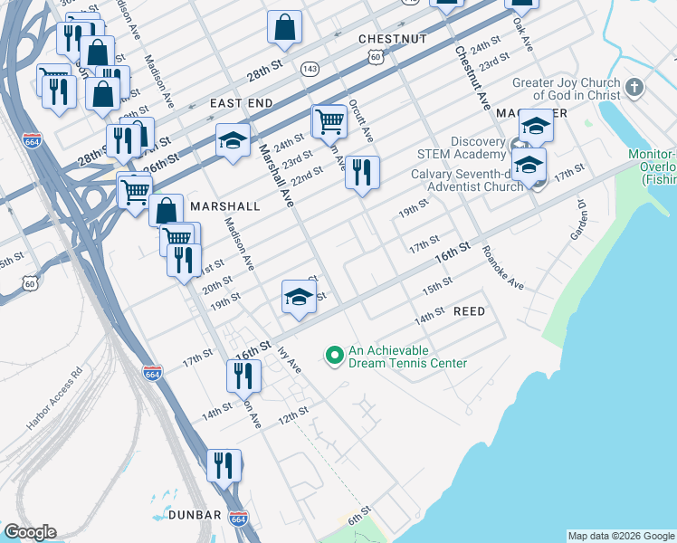 map of restaurants, bars, coffee shops, grocery stores, and more near 1617 Rolfe Place in Newport News