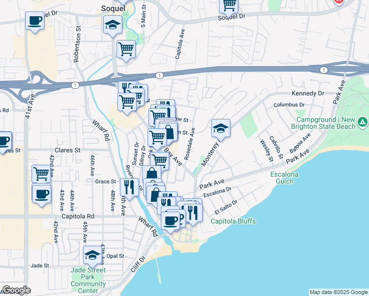 map of restaurants, bars, coffee shops, grocery stores, and more near 414 Rosedale Court in Capitola