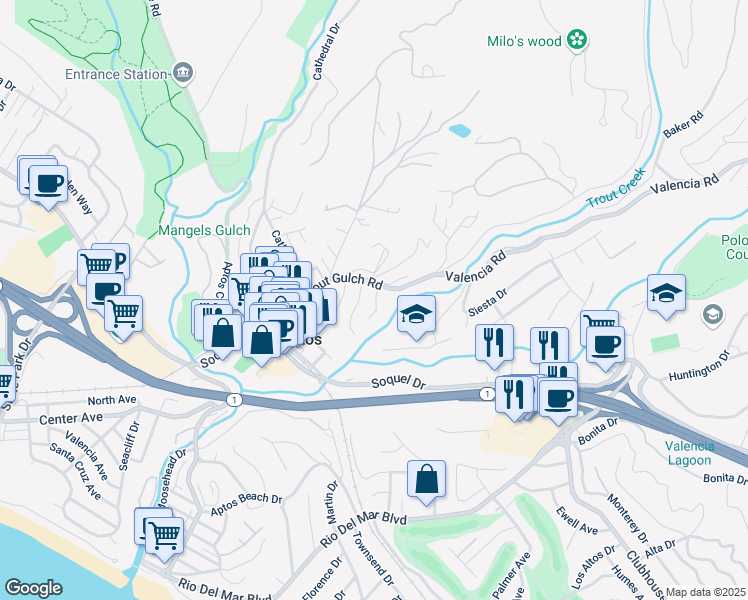 map of restaurants, bars, coffee shops, grocery stores, and more near 15 Oak Shadows Lane in Aptos