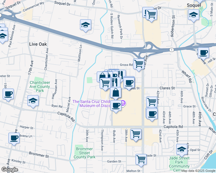 map of restaurants, bars, coffee shops, grocery stores, and more near 3400 Clares Street in Capitola