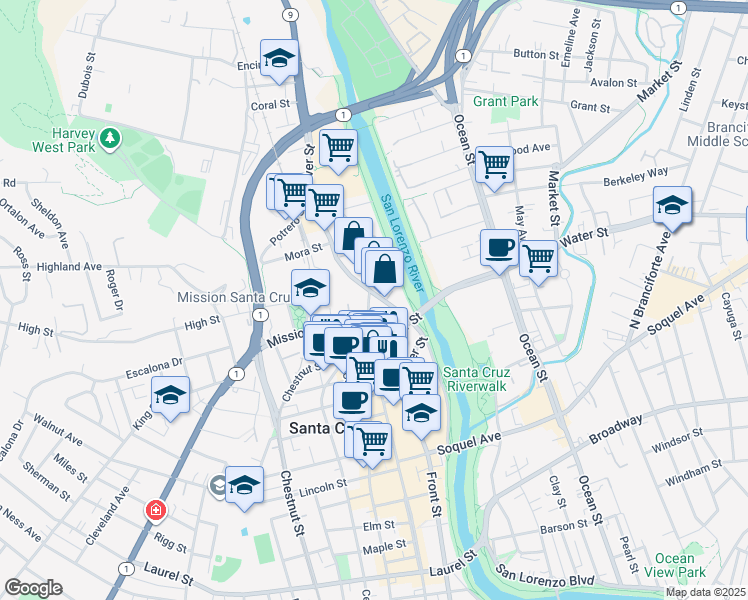 map of restaurants, bars, coffee shops, grocery stores, and more near 2030 North Pacific Avenue in Santa Cruz