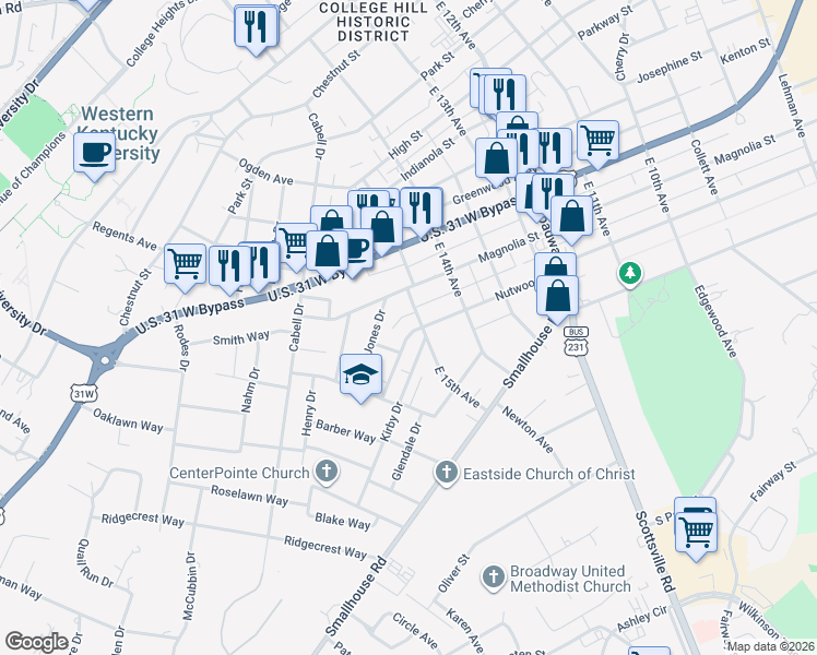 map of restaurants, bars, coffee shops, grocery stores, and more near 1505 Nutwood Street in Bowling Green