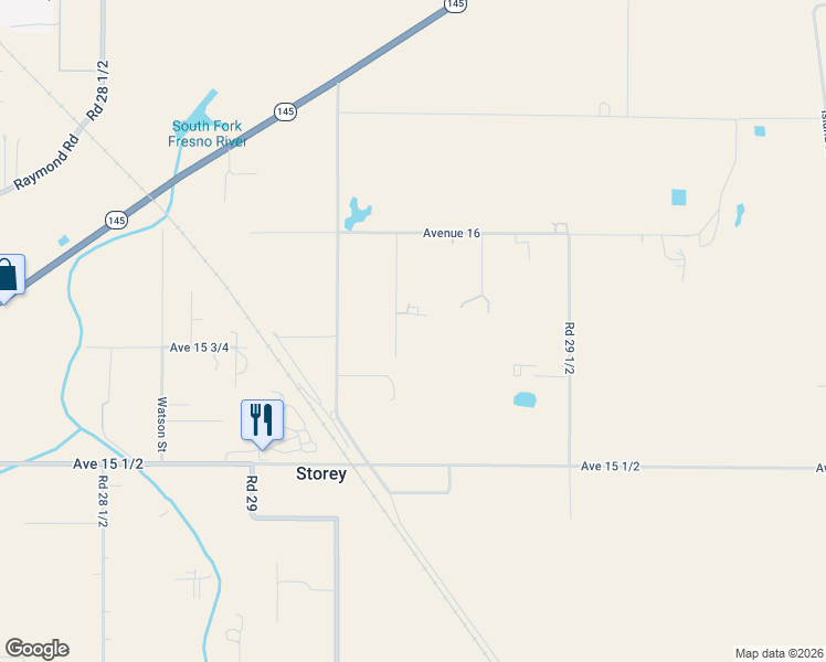map of restaurants, bars, coffee shops, grocery stores, and more near 15725 Betters Road in Madera
