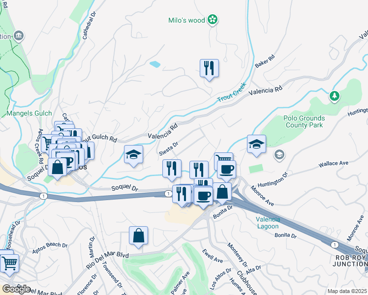 map of restaurants, bars, coffee shops, grocery stores, and more near 213 Monte Vista Drive in Aptos