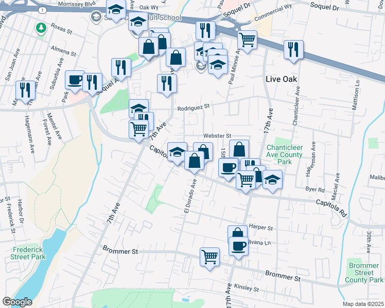 map of restaurants, bars, coffee shops, grocery stores, and more near 1733 Eastbrook Court in Santa Cruz