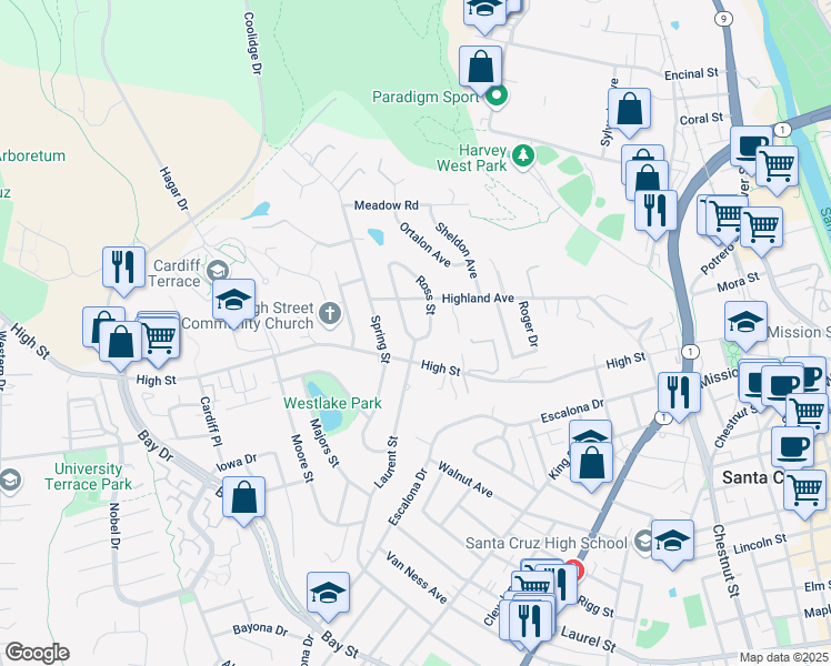 map of restaurants, bars, coffee shops, grocery stores, and more near 716 High Street in Santa Cruz