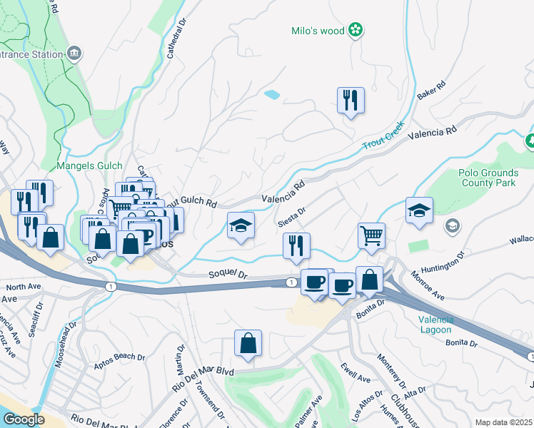map of restaurants, bars, coffee shops, grocery stores, and more near 146 Aptos School Road in Aptos