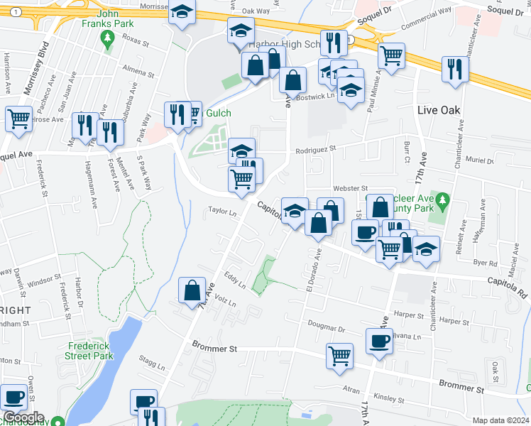 map of restaurants, bars, coffee shops, grocery stores, and more near 1641 Schooner Court in Santa Cruz