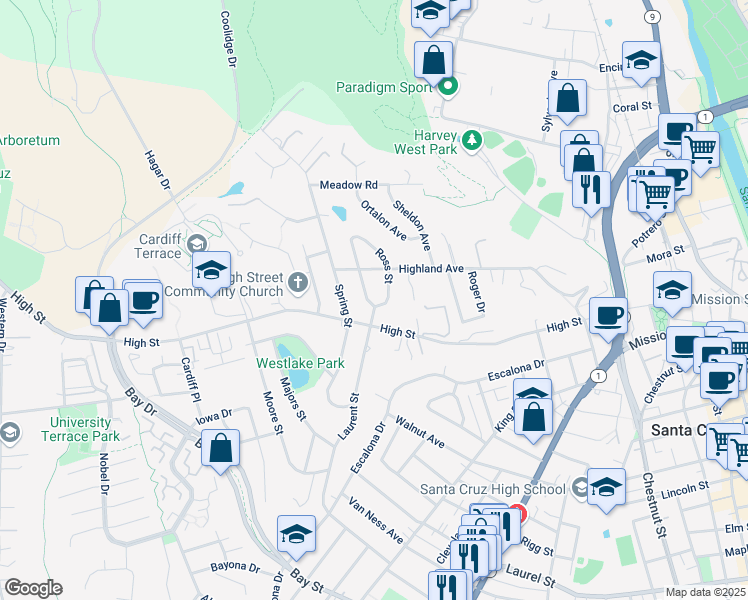 map of restaurants, bars, coffee shops, grocery stores, and more near 716 High Street in Santa Cruz