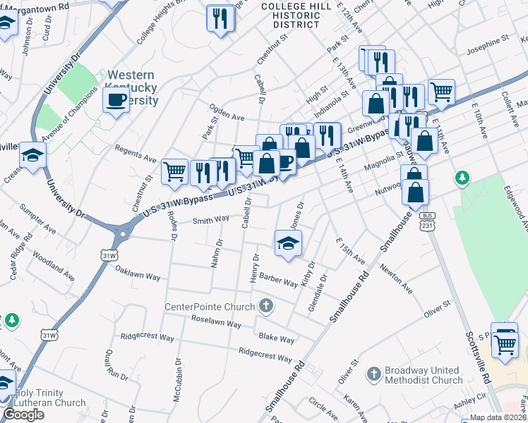 map of restaurants, bars, coffee shops, grocery stores, and more near 915 Avery Drive in Bowling Green