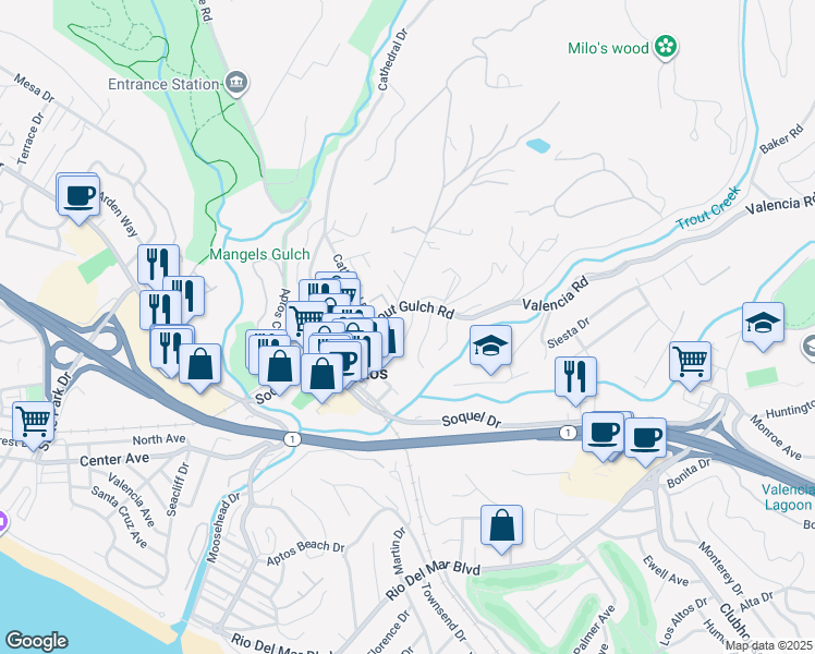 map of restaurants, bars, coffee shops, grocery stores, and more near 43 Knollwood Drive in Aptos