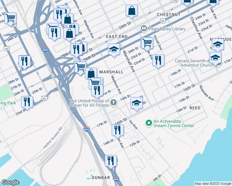 map of restaurants, bars, coffee shops, grocery stores, and more near 657 20th Street in Newport News