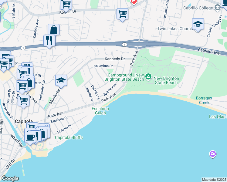 map of restaurants, bars, coffee shops, grocery stores, and more near 825 Balboa Avenue in Capitola