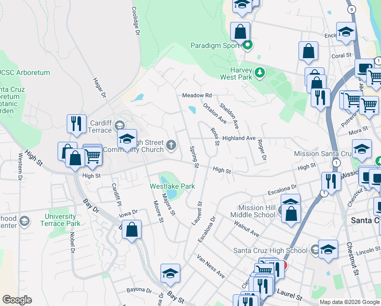map of restaurants, bars, coffee shops, grocery stores, and more near 801 High Street in Santa Cruz
