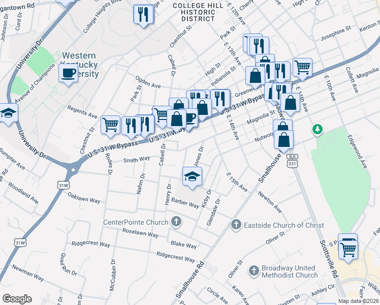 map of restaurants, bars, coffee shops, grocery stores, and more near 1115-1117 Jones Drive in Bowling Green